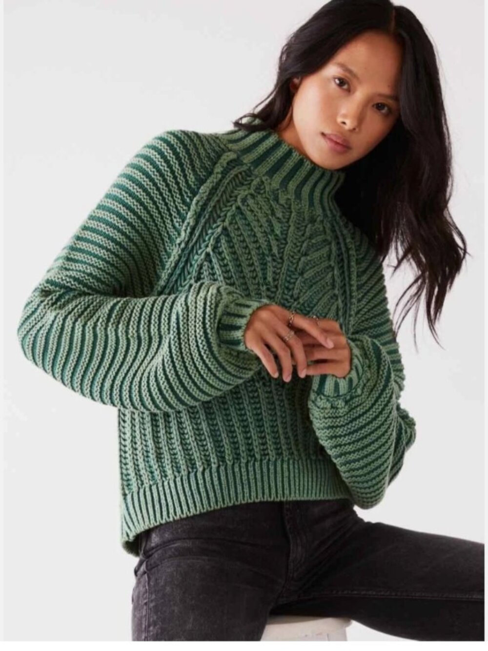 FREE PEOPLE Sweetheart Rib Chunky Sweater XL Green Mock Neck Cozy Knit Balloon